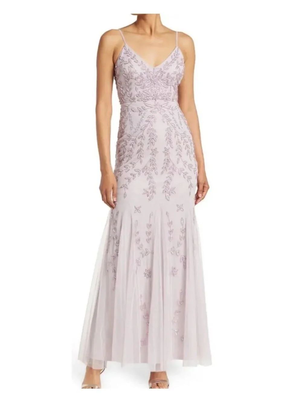 Marina V-Neck Lavender Beaded Mesh Sequin Formal Gown Dress Size L